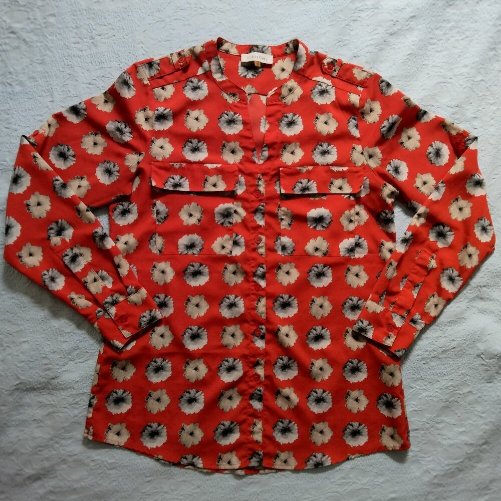 Calvin Klein Poppy Floral Print Long Sleeve Button Down Red Shirt Womens Size XS